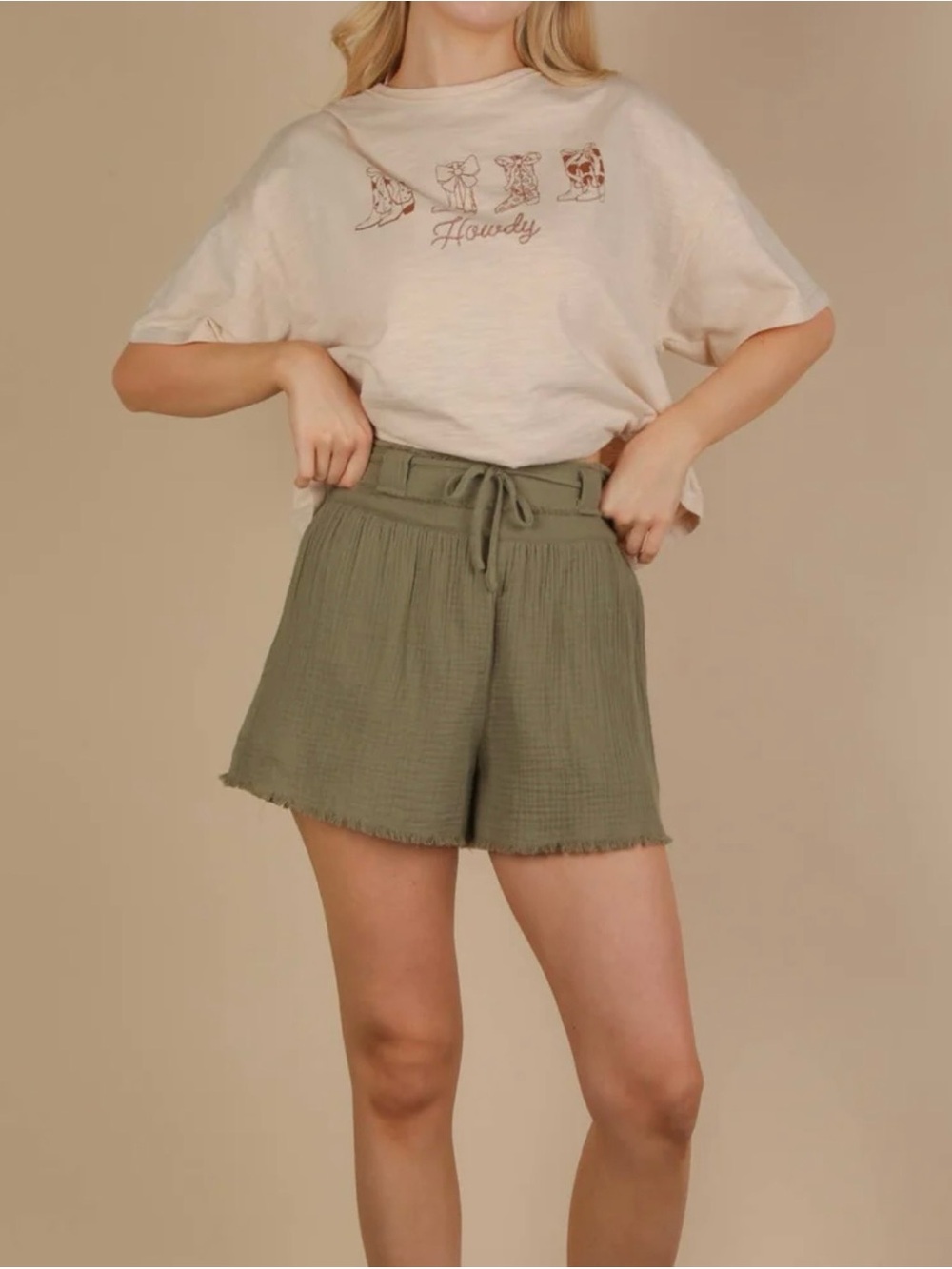 Very J Olive High Waist Cotton Gauze Shorts